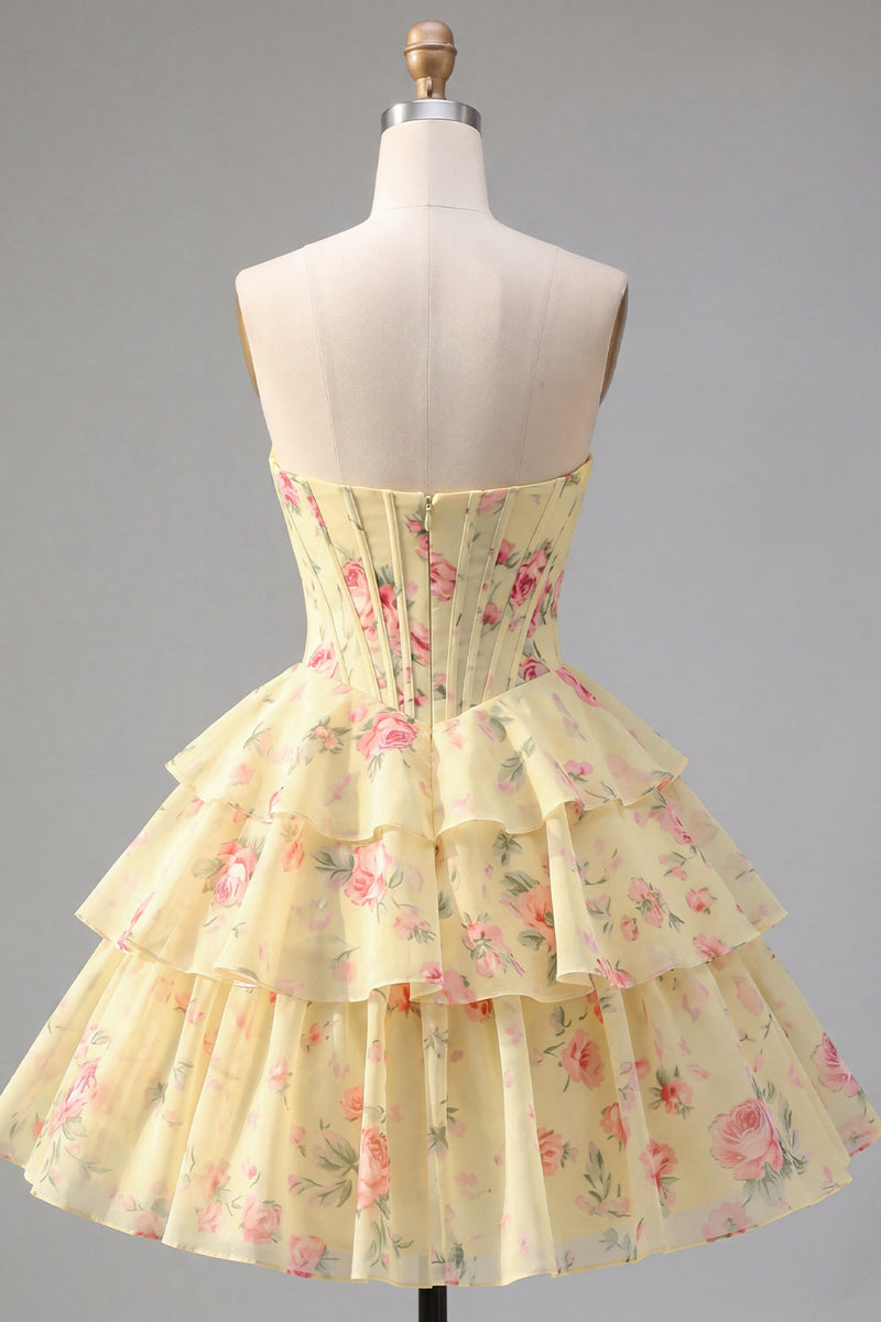 Load image into Gallery viewer, Pink A Line Floral Fringed Strapless Short Corset Homecoming Dress with Ruffles