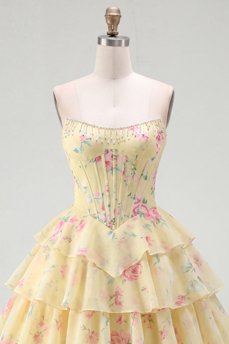 Load image into Gallery viewer, Pink A Line Floral Fringed Strapless Short Corset Homecoming Dress with Ruffles