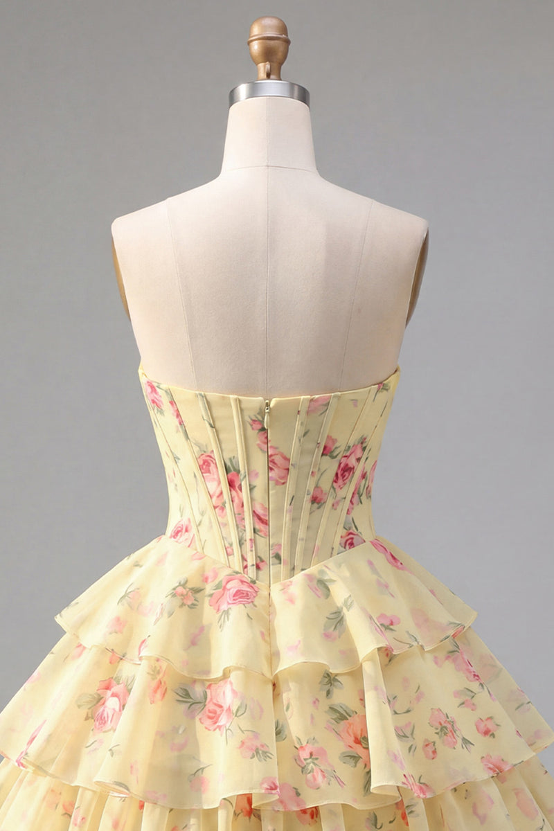 Load image into Gallery viewer, Pink A Line Floral Fringed Strapless Short Corset Homecoming Dress with Ruffles