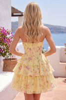 Load image into Gallery viewer, Pink A Line Floral Fringed Strapless Short Corset Homecoming Dress with Ruffles
