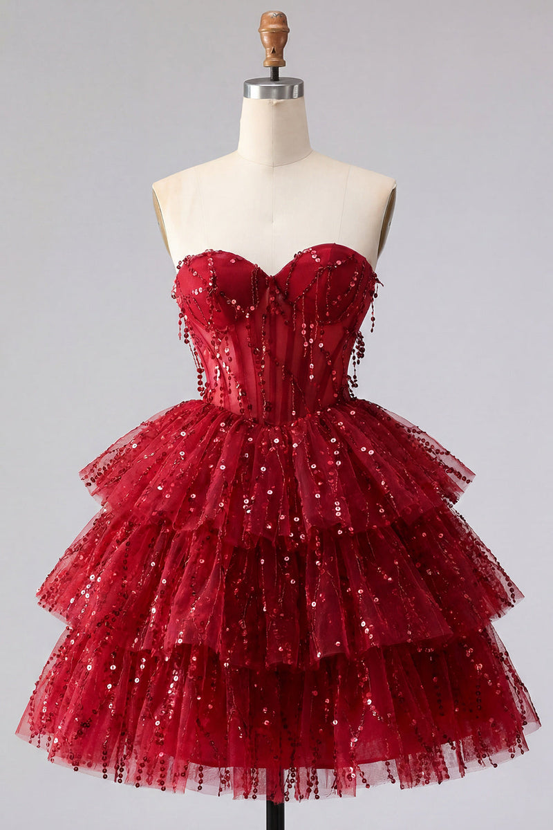 Load image into Gallery viewer, Sparkly Burgundy Strapless A Line Short Beaded Corset Homecoming Dress