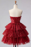 Load image into Gallery viewer, Sparkly Burgundy Strapless A Line Short Beaded Corset Homecoming Dress