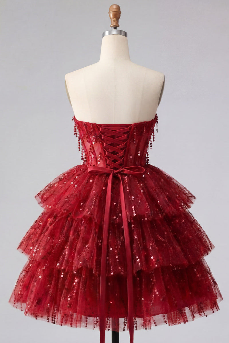 Load image into Gallery viewer, Sparkly Burgundy Strapless A Line Short Beaded Corset Homecoming Dress
