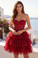 Load image into Gallery viewer, Sparkly Burgundy Strapless A Line Short Beaded Corset Homecoming Dress