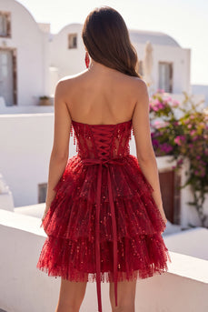 Sparkly Burgundy Strapless A Line Short Beaded Corset Homecoming Dress