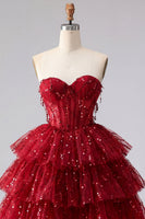 Load image into Gallery viewer, Sparkly Burgundy Strapless A Line Short Beaded Corset Homecoming Dress