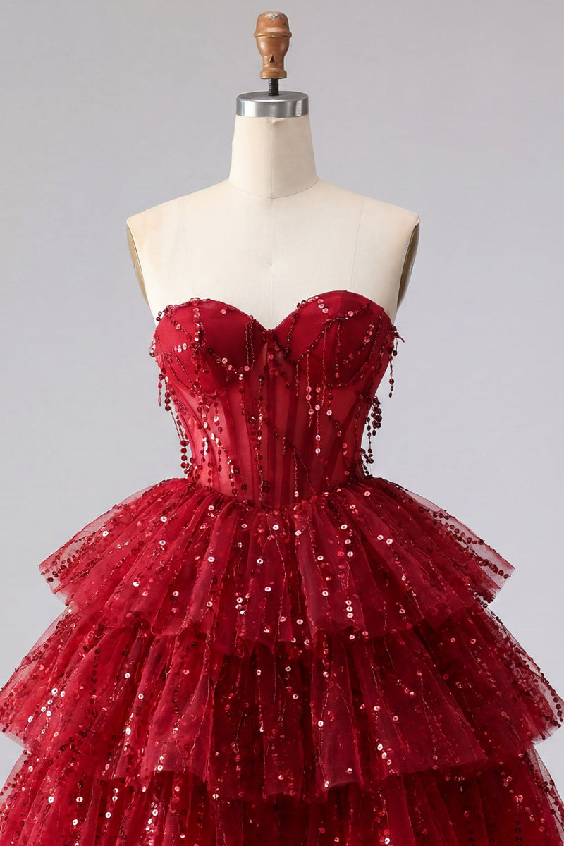 Load image into Gallery viewer, Sparkly Burgundy Strapless A Line Short Beaded Corset Homecoming Dress