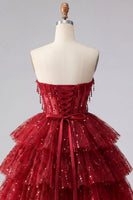 Load image into Gallery viewer, Sparkly Burgundy Strapless A Line Short Beaded Corset Homecoming Dress
