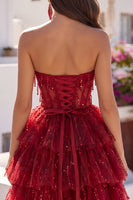 Load image into Gallery viewer, Sparkly Burgundy Strapless A Line Short Beaded Corset Homecoming Dress