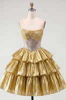Load image into Gallery viewer, Sparkly Golden A Line Strapless Beaded Short Corset Metallic Homecoming Dress