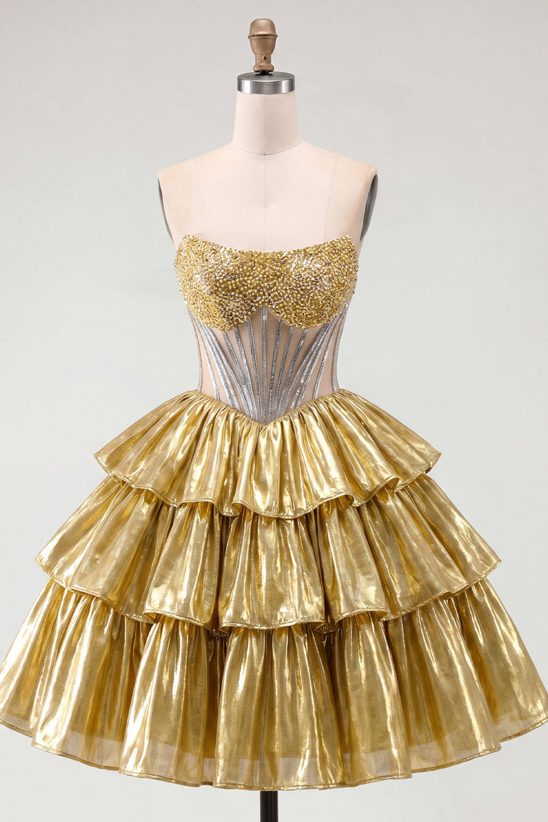 Load image into Gallery viewer, Sparkly Golden A Line Strapless Beaded Short Corset Metallic Homecoming Dress