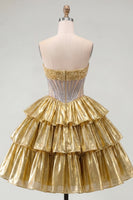 Load image into Gallery viewer, Sparkly Golden A Line Strapless Beaded Short Corset Metallic Homecoming Dress