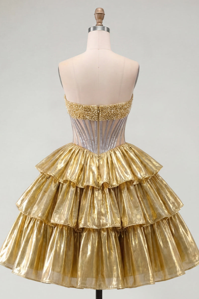Load image into Gallery viewer, Sparkly Golden A Line Strapless Beaded Short Corset Metallic Homecoming Dress