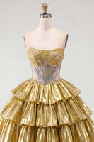 Load image into Gallery viewer, Sparkly Golden A Line Strapless Beaded Short Corset Metallic Homecoming Dress