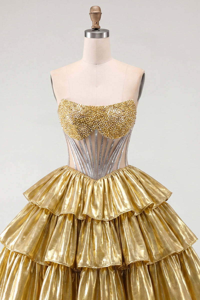 Load image into Gallery viewer, Sparkly Golden A Line Strapless Beaded Short Corset Metallic Homecoming Dress