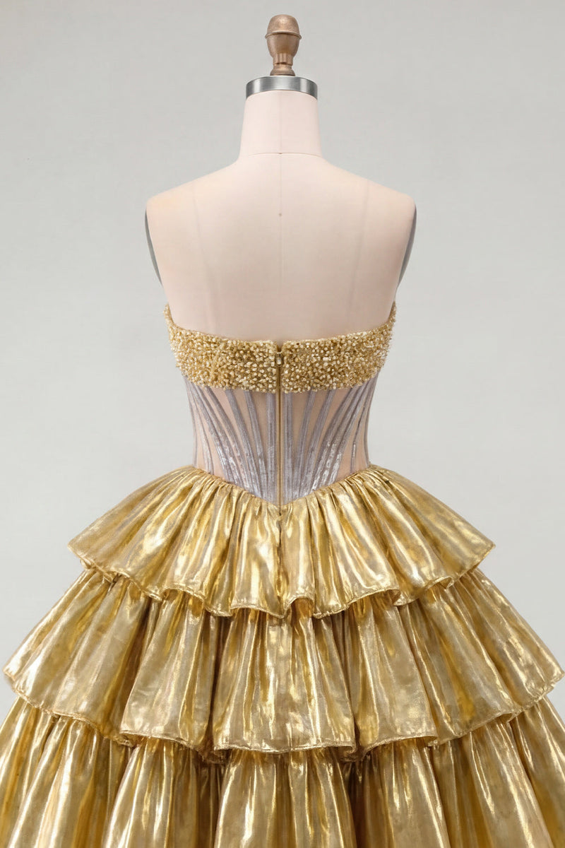 Load image into Gallery viewer, Sparkly Golden A Line Strapless Beaded Short Corset Metallic Homecoming Dress
