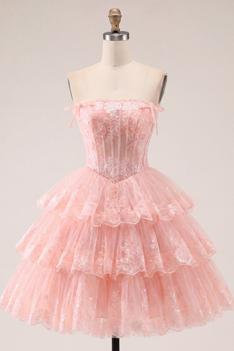 Load image into Gallery viewer, Lilac Floral A Line Strapless Corset Short Homecoming Dress with Ruffles