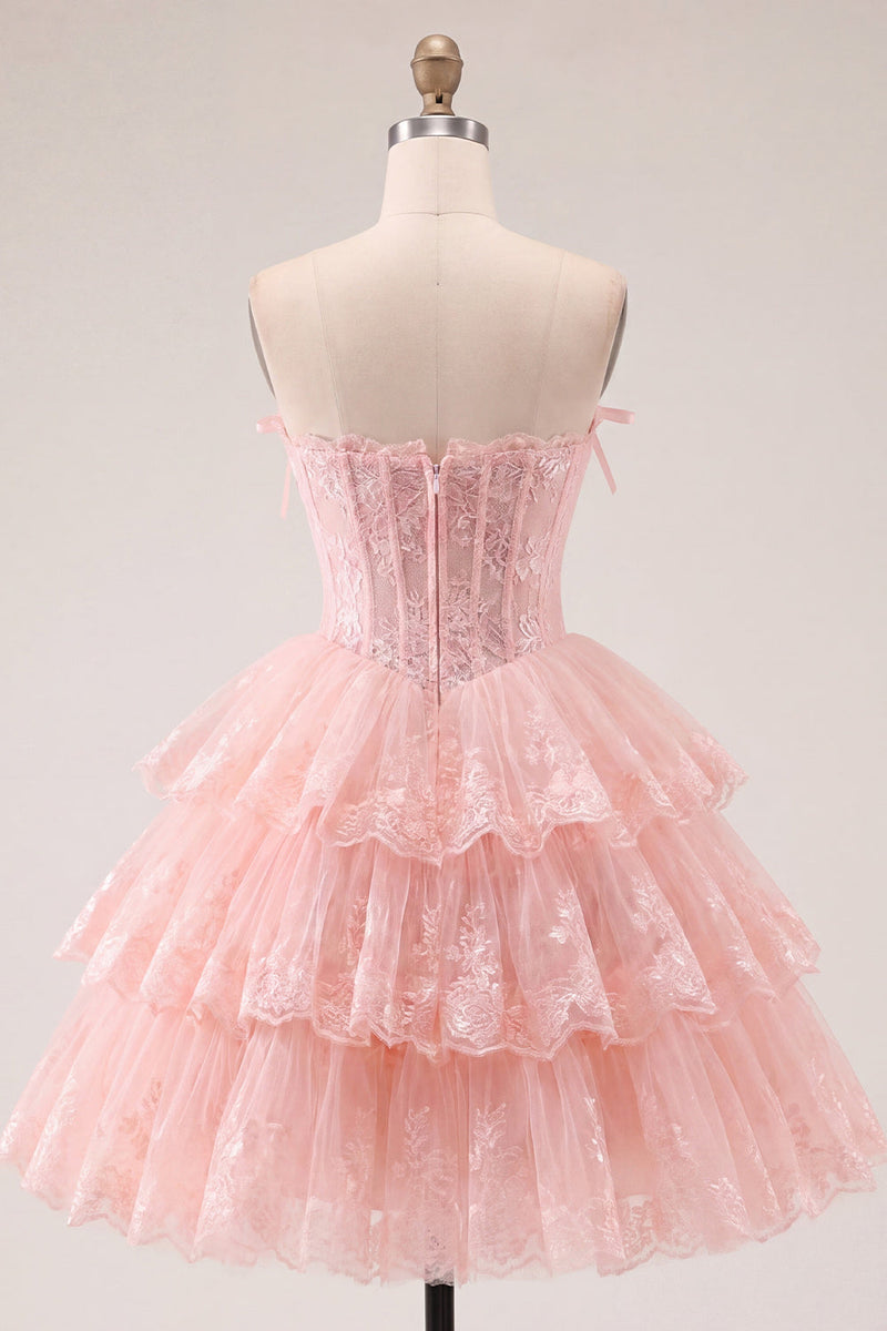 Load image into Gallery viewer, Lilac Floral A Line Strapless Corset Short Homecoming Dress with Ruffles