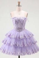 Load image into Gallery viewer, Lilac Floral A Line Strapless Corset Short Homecoming Dress with Ruffles