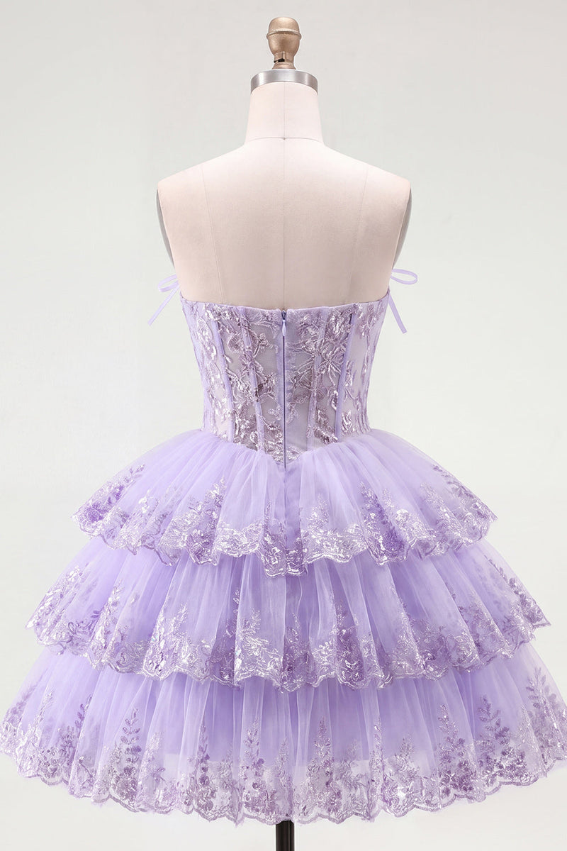 Load image into Gallery viewer, Lilac Floral A Line Strapless Corset Short Homecoming Dress with Ruffles