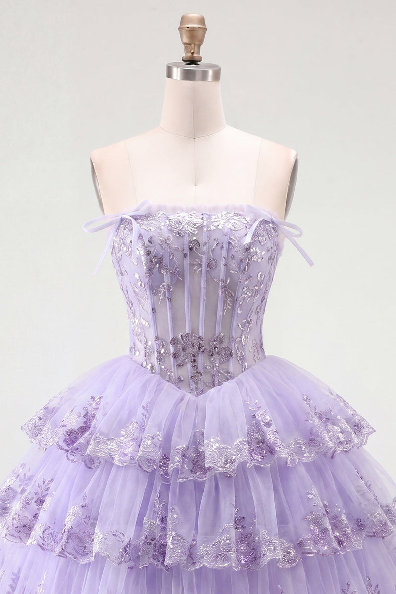 Load image into Gallery viewer, Lilac Floral A Line Strapless Corset Short Homecoming Dress with Ruffles