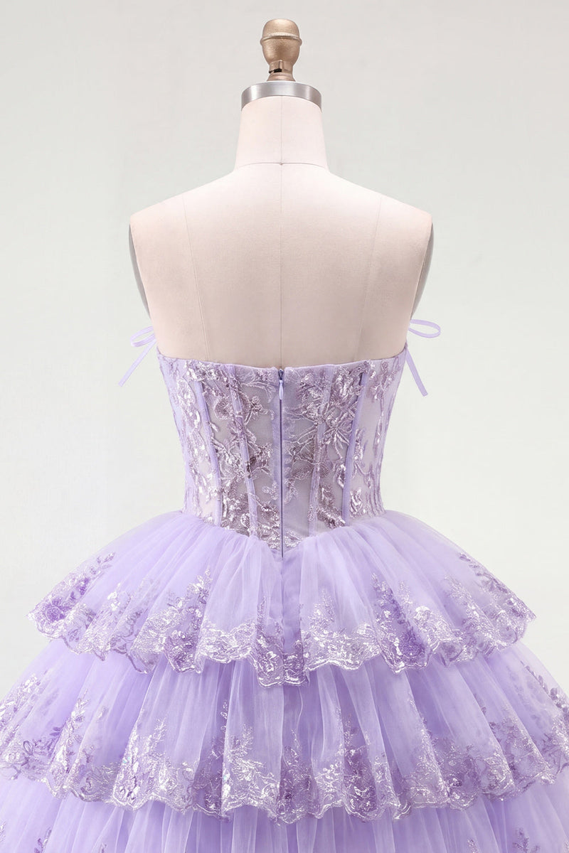 Load image into Gallery viewer, Lilac Floral A Line Strapless Corset Short Homecoming Dress with Ruffles