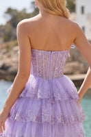 Load image into Gallery viewer, Lilac Floral A Line Strapless Corset Short Homecoming Dress with Ruffles