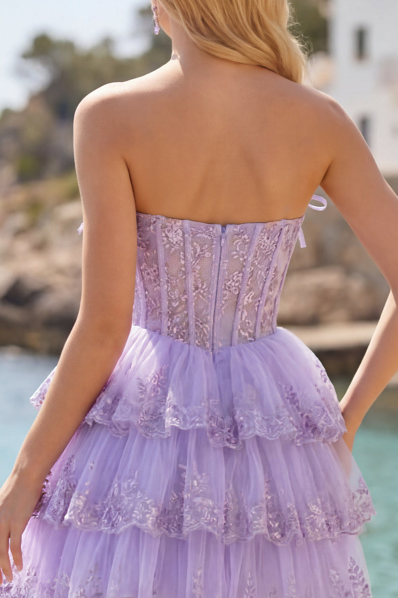 Load image into Gallery viewer, Lilac Floral A Line Strapless Corset Short Homecoming Dress with Ruffles