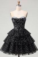 Load image into Gallery viewer, Black Polka Dots Strapless A Line Short Corset Homecoming Dress with Ruffles