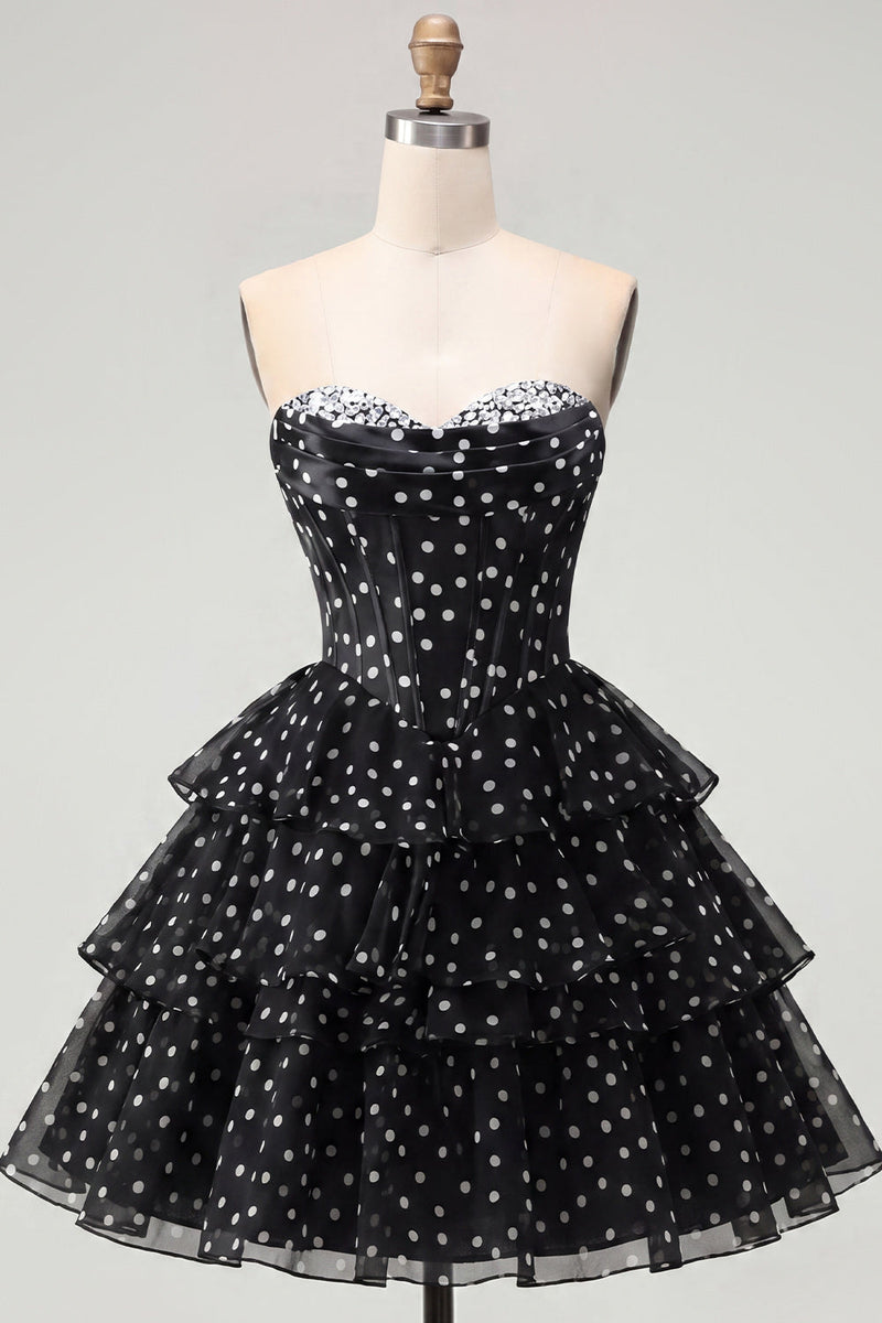 Load image into Gallery viewer, Black Polka Dots Strapless A Line Short Corset Homecoming Dress with Ruffles