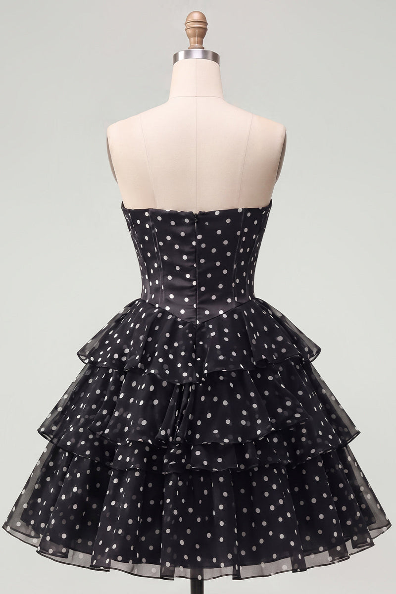 Load image into Gallery viewer, Black Polka Dots Strapless A Line Short Corset Homecoming Dress with Ruffles