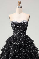 Load image into Gallery viewer, Black Polka Dots Strapless A Line Short Corset Homecoming Dress with Ruffles