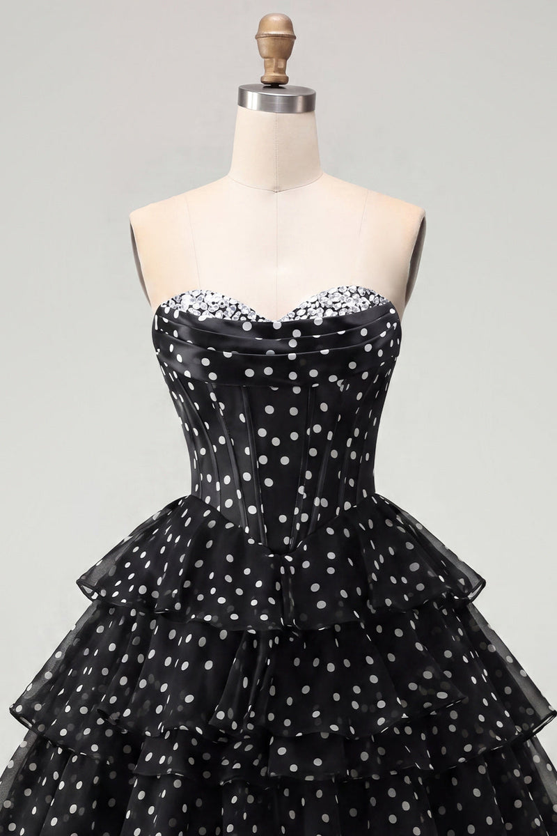 Load image into Gallery viewer, Black Polka Dots Strapless A Line Short Corset Homecoming Dress with Ruffles