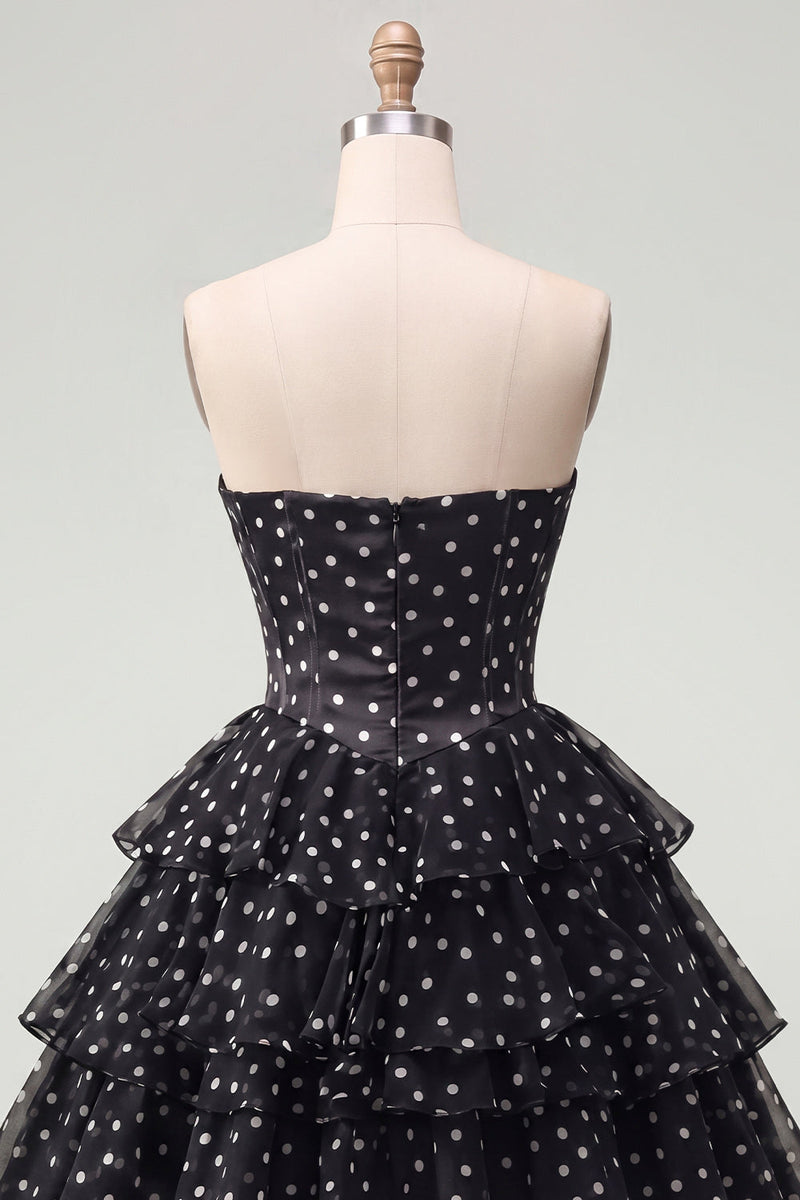 Load image into Gallery viewer, Black Polka Dots Strapless A Line Short Corset Homecoming Dress with Ruffles