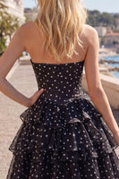 Load image into Gallery viewer, Black Polka Dots Strapless A Line Short Corset Homecoming Dress with Ruffles