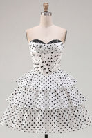 Load image into Gallery viewer, Black Polka Dots Strapless A Line Short Corset Homecoming Dress with Ruffles