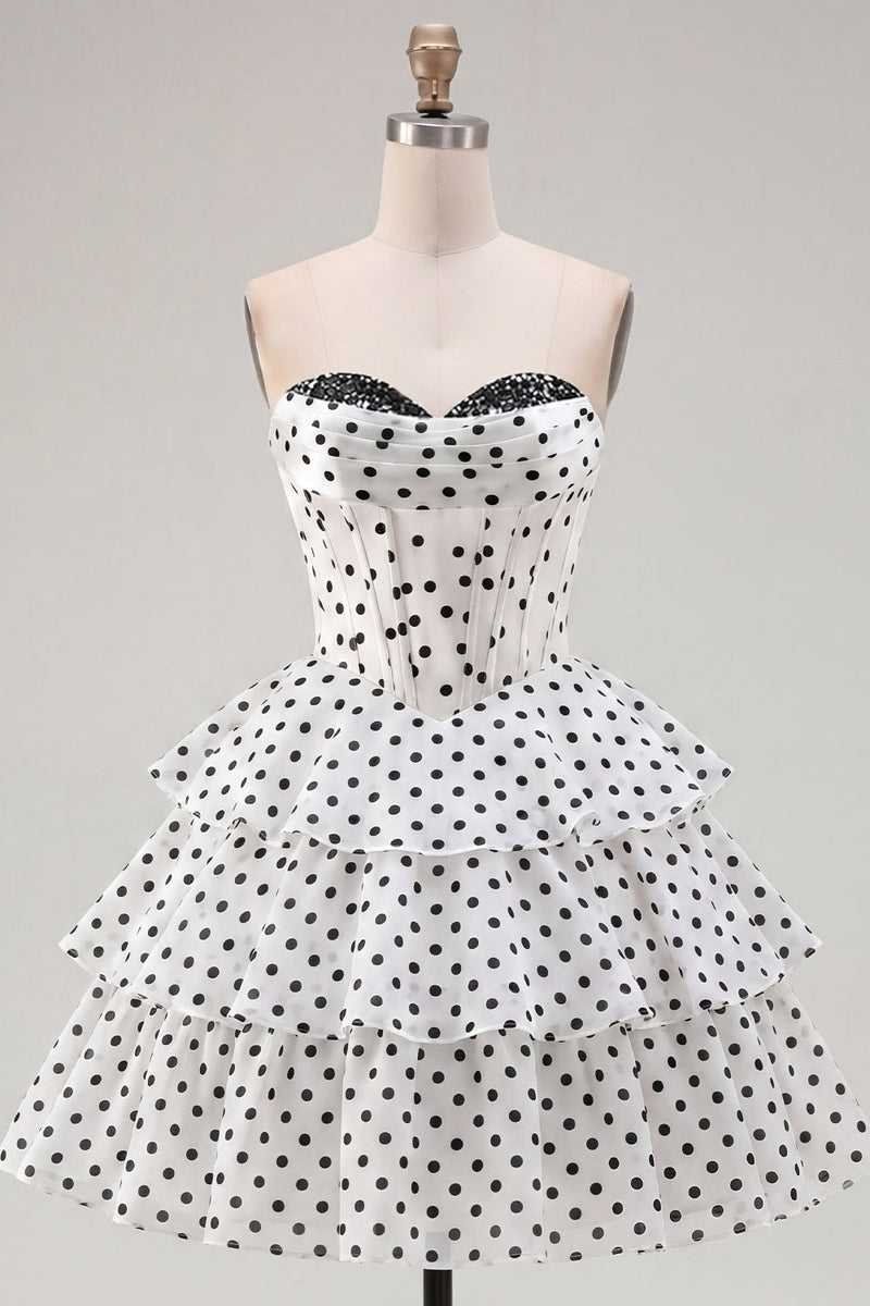Load image into Gallery viewer, Black Polka Dots Strapless A Line Short Corset Homecoming Dress with Ruffles