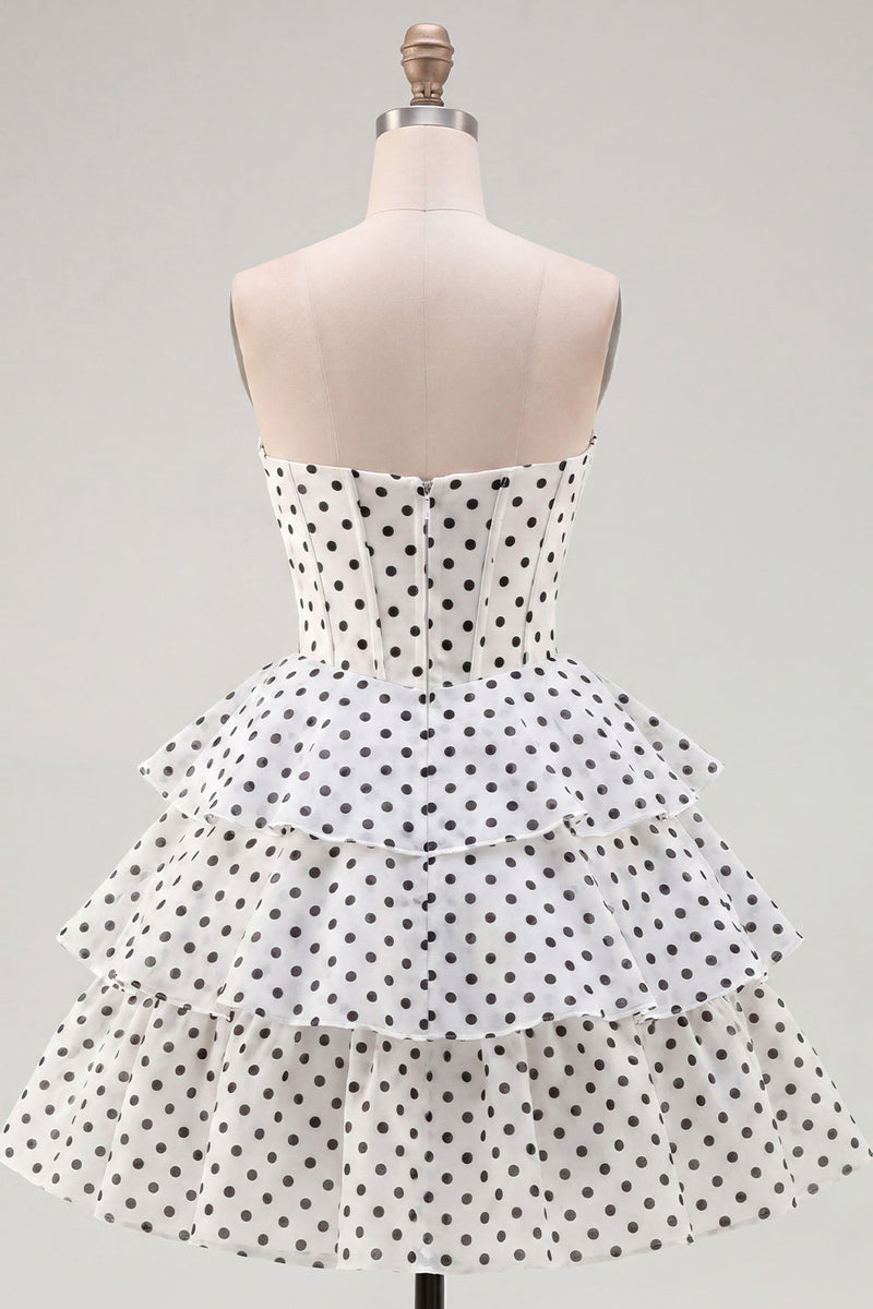 Load image into Gallery viewer, Black Polka Dots Strapless A Line Short Corset Homecoming Dress with Ruffles