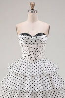 Load image into Gallery viewer, Black Polka Dots Strapless A Line Short Corset Homecoming Dress with Ruffles