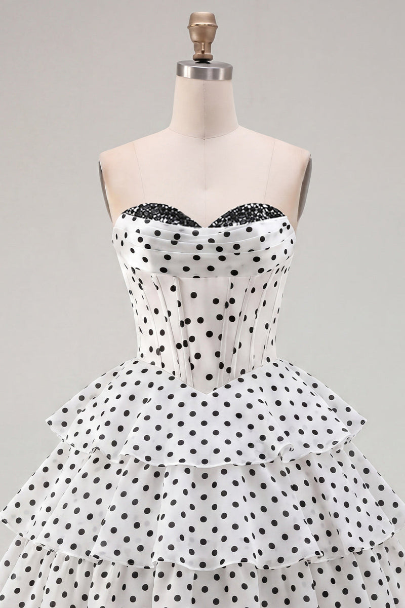 Load image into Gallery viewer, Black Polka Dots Strapless A Line Short Corset Homecoming Dress with Ruffles