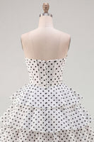 Load image into Gallery viewer, Black Polka Dots Strapless A Line Short Corset Homecoming Dress with Ruffles
