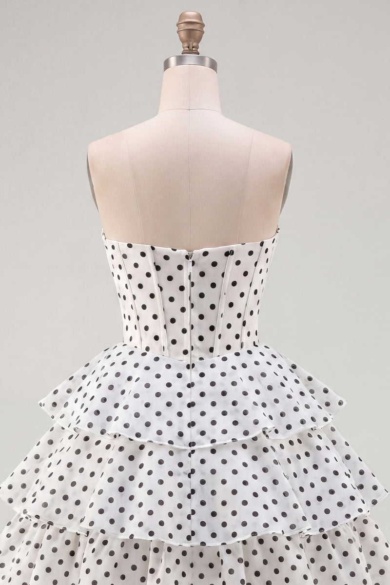 Load image into Gallery viewer, Black Polka Dots Strapless A Line Short Corset Homecoming Dress with Ruffles