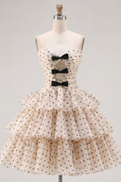 Load image into Gallery viewer, Apricot and Black Dot Strapless A Line Short Homecoming Dress with Keyhole