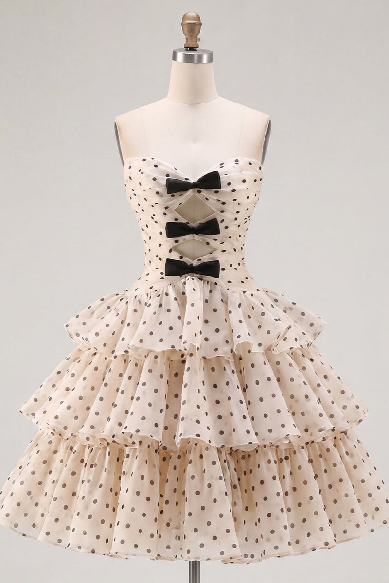 Load image into Gallery viewer, Apricot and Black Dot Strapless A Line Short Homecoming Dress with Keyhole