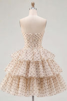 Load image into Gallery viewer, Apricot and Black Dot Strapless A Line Short Homecoming Dress with Keyhole