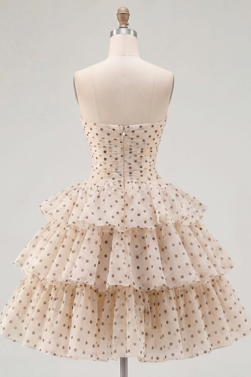 Load image into Gallery viewer, Apricot and Black Dot Strapless A Line Short Homecoming Dress with Keyhole