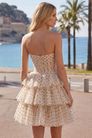 Load image into Gallery viewer, Apricot and Black Dot Strapless A Line Short Homecoming Dress with Keyhole