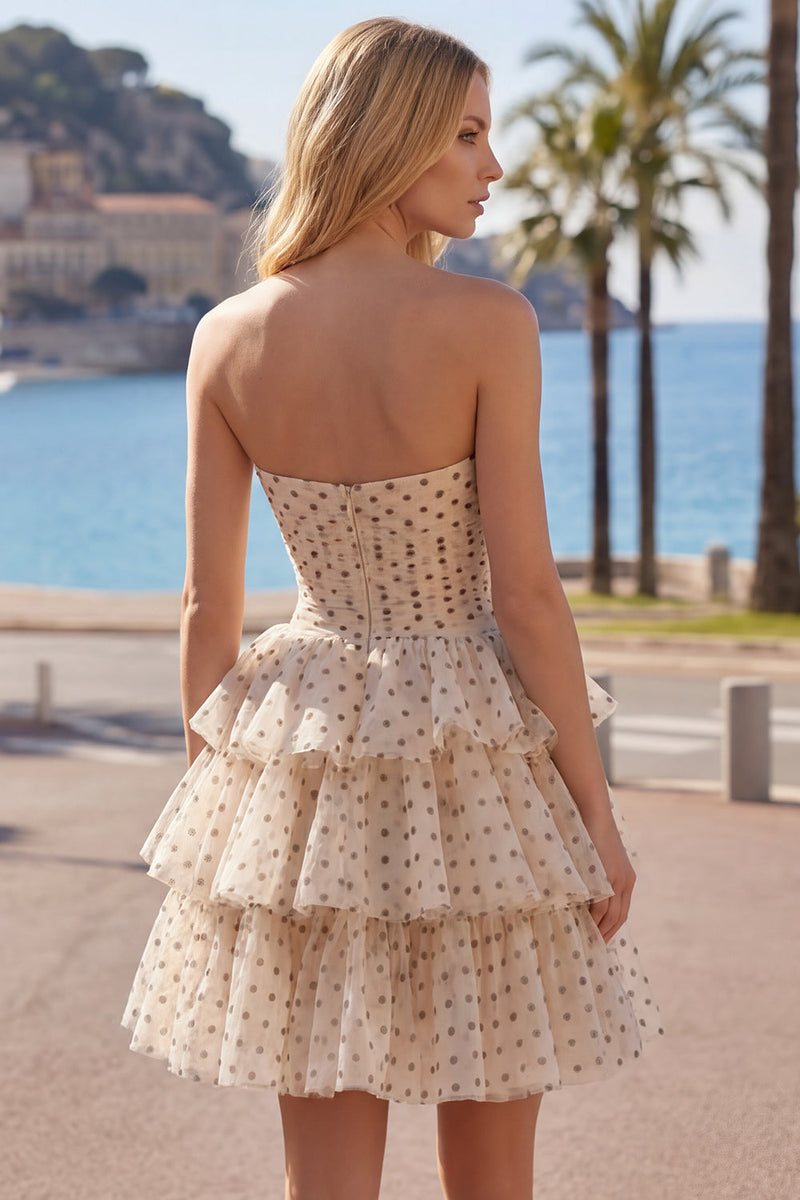 Load image into Gallery viewer, Apricot and Black Dot Strapless A Line Short Homecoming Dress with Keyhole