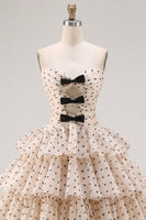 Load image into Gallery viewer, Apricot and Black Dot Strapless A Line Short Homecoming Dress with Keyhole