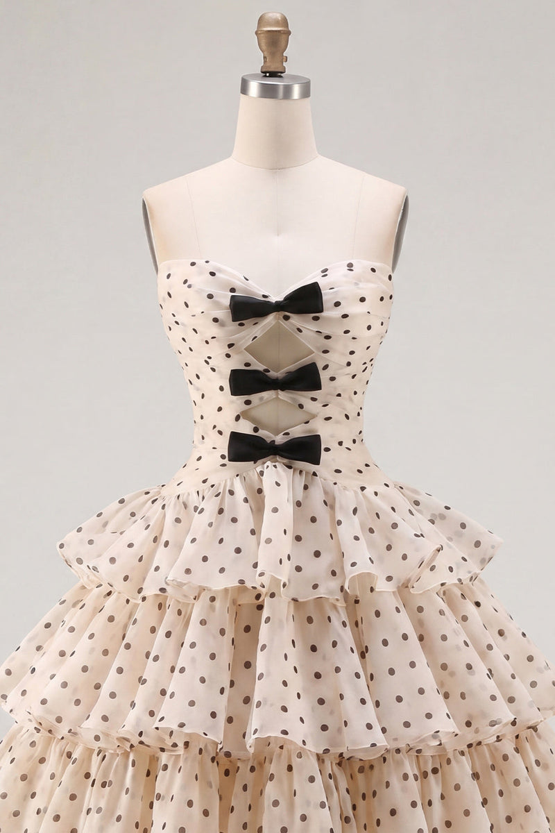 Load image into Gallery viewer, Apricot and Black Dot Strapless A Line Short Homecoming Dress with Keyhole
